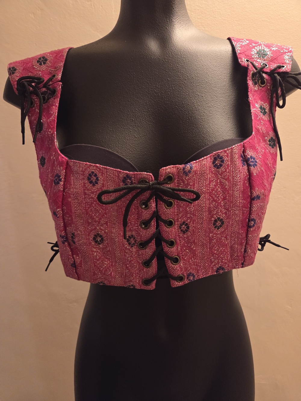 Pink Lace-Up Corset Top with Floral Jacquard, Renaissance Faire